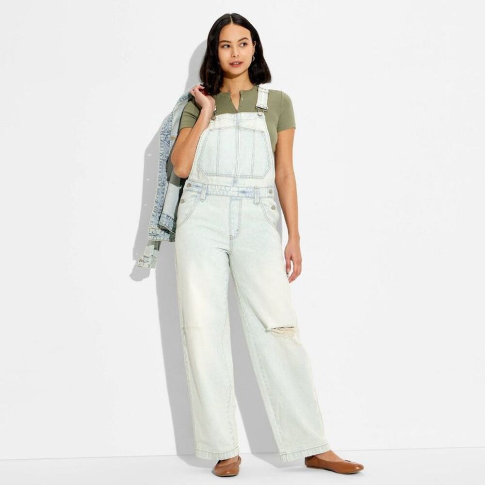 Women's Baggy Overalls Mid-Rise Straight Leg Jeans - Light Blue Denim S